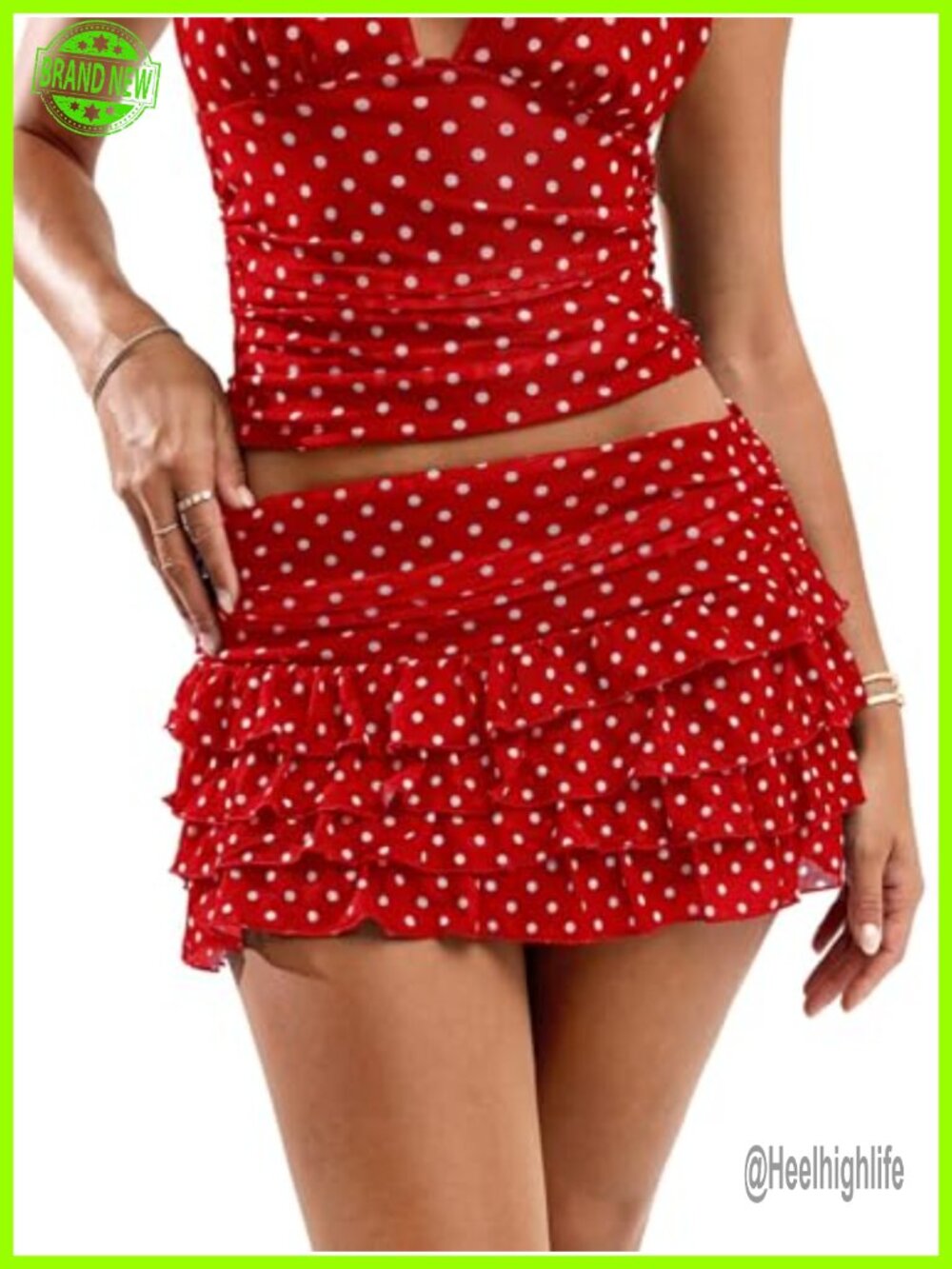 Polka Dot Ruffle Mini Skirt Ruched Tiered Y2K High Waist A-Line